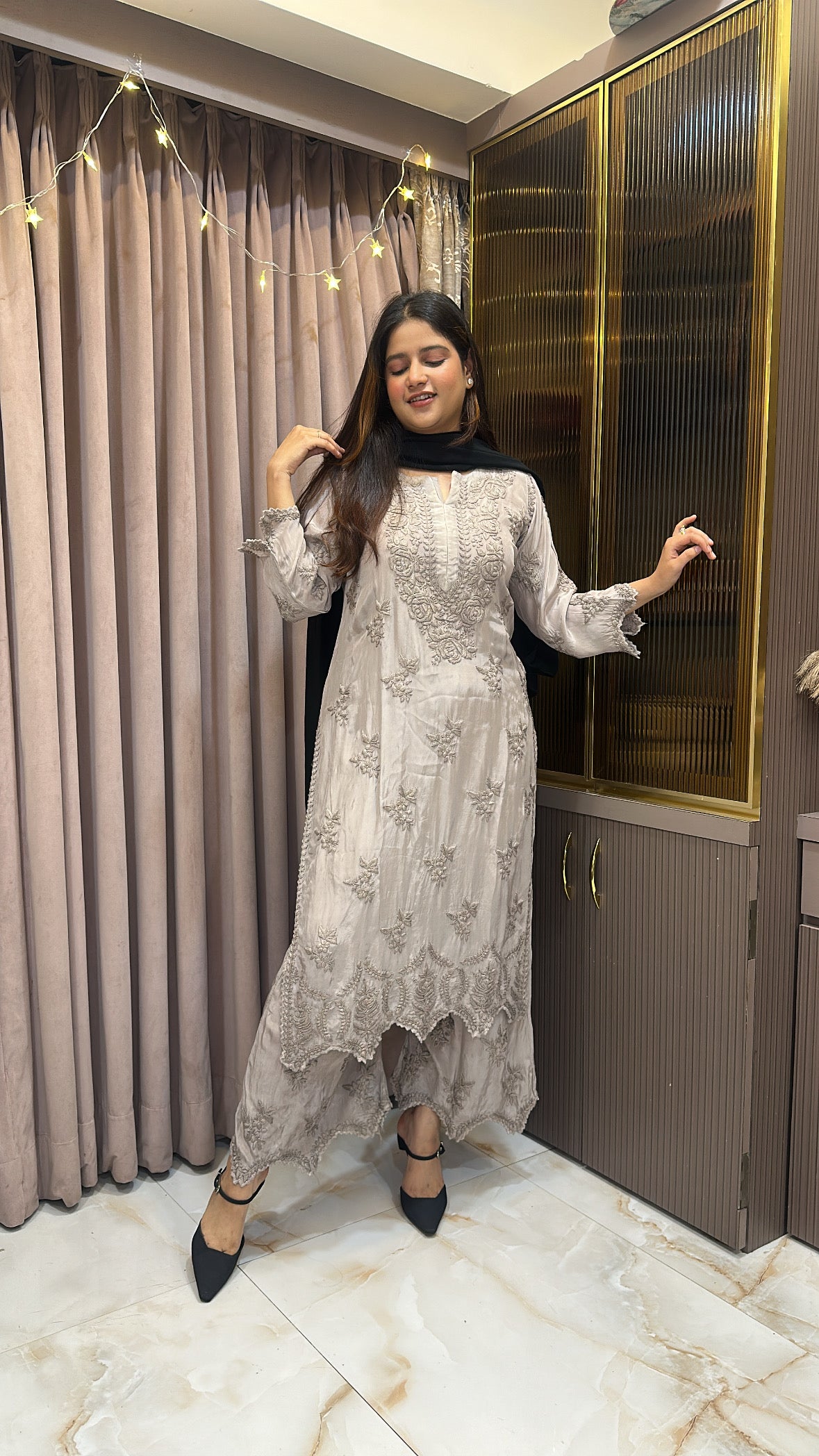 Steel Grey Pure crepe cut work set