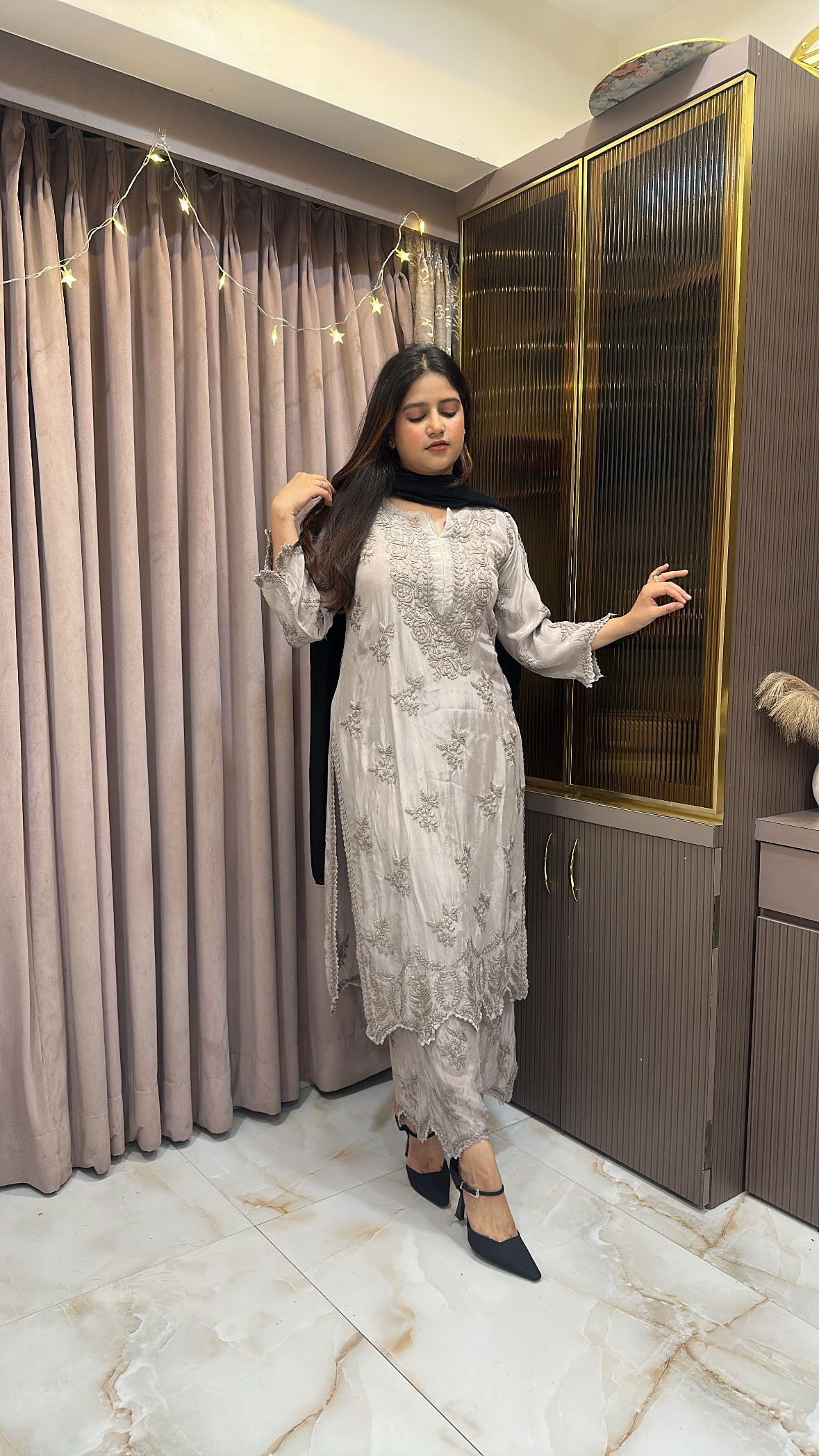 Steel Grey Pure crepe cut work set