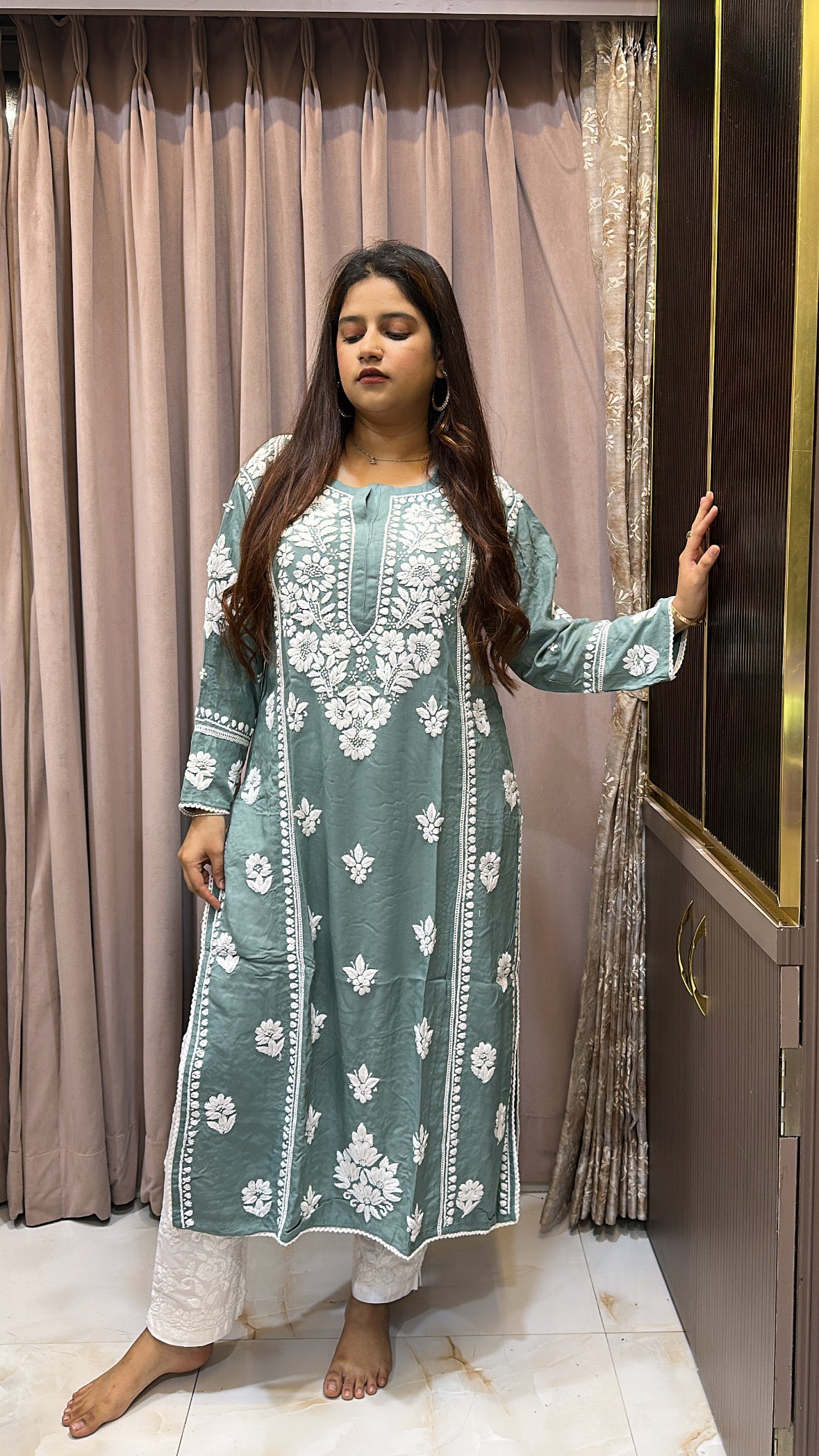 Sea green Pure modal lucknowi kurti