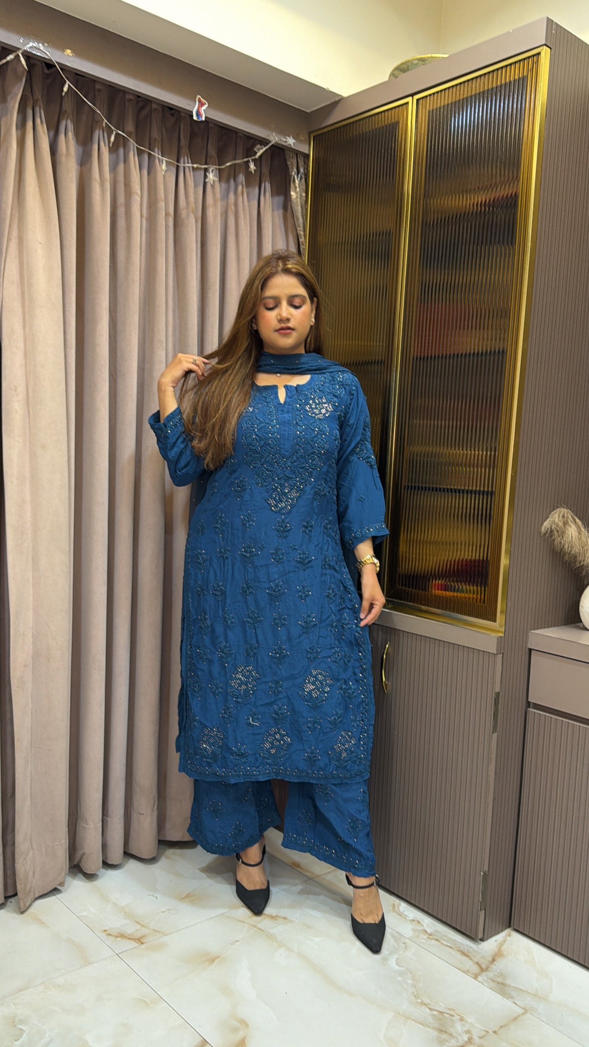Teal blue Pure crepe jasmin 2.0 mukesh work set