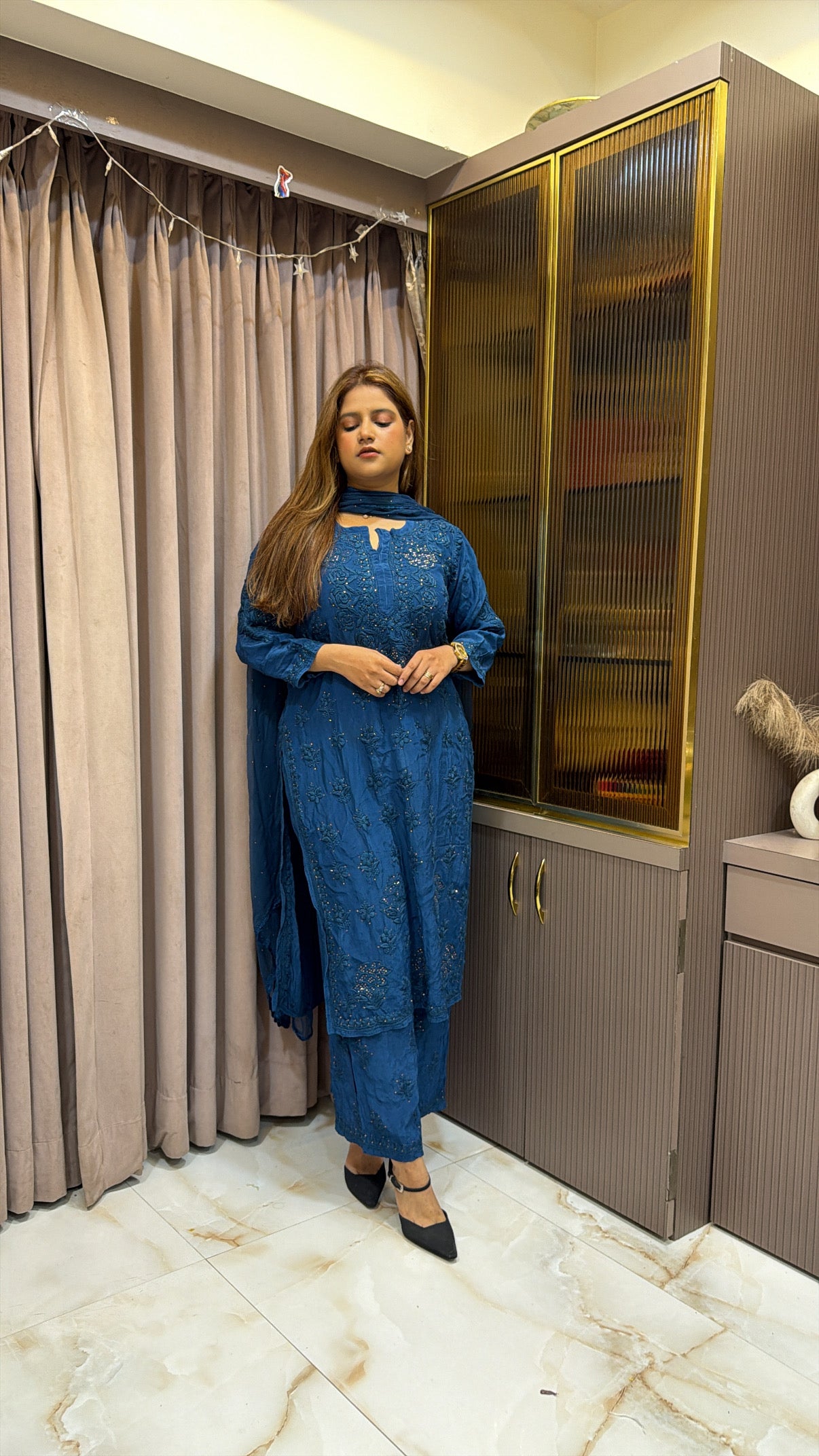 Teal blue Pure crepe jasmin 2.0 mukesh work set