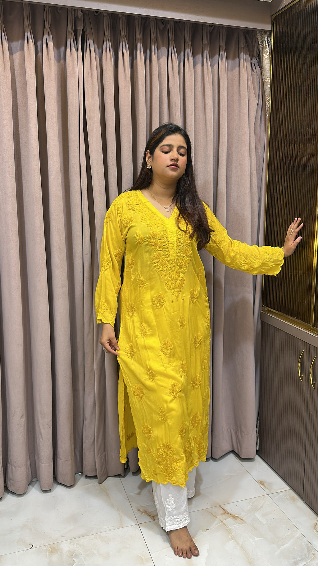 Turmeric Pure modal lucknowi cut work kurti
