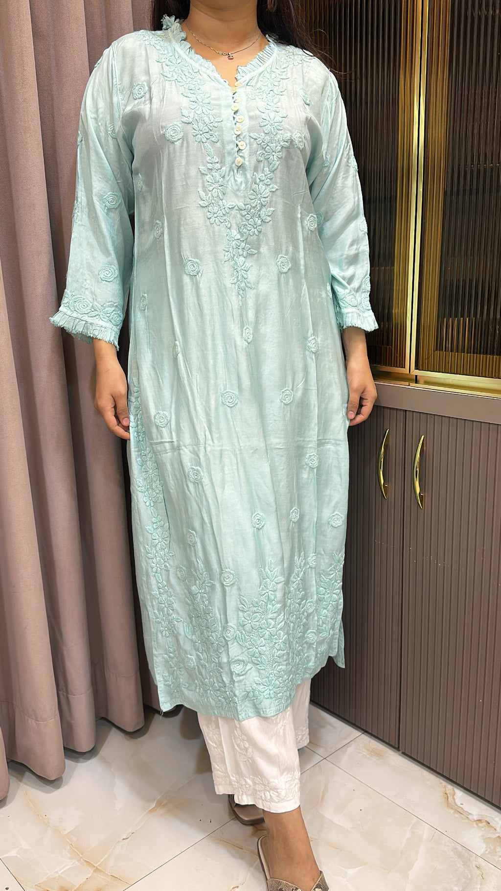 Turquoise Muslin front button kurti