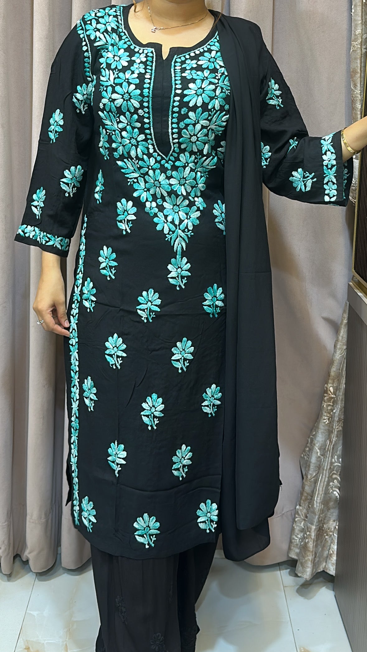 Turquoise blue Semi modal coloured thread kurti