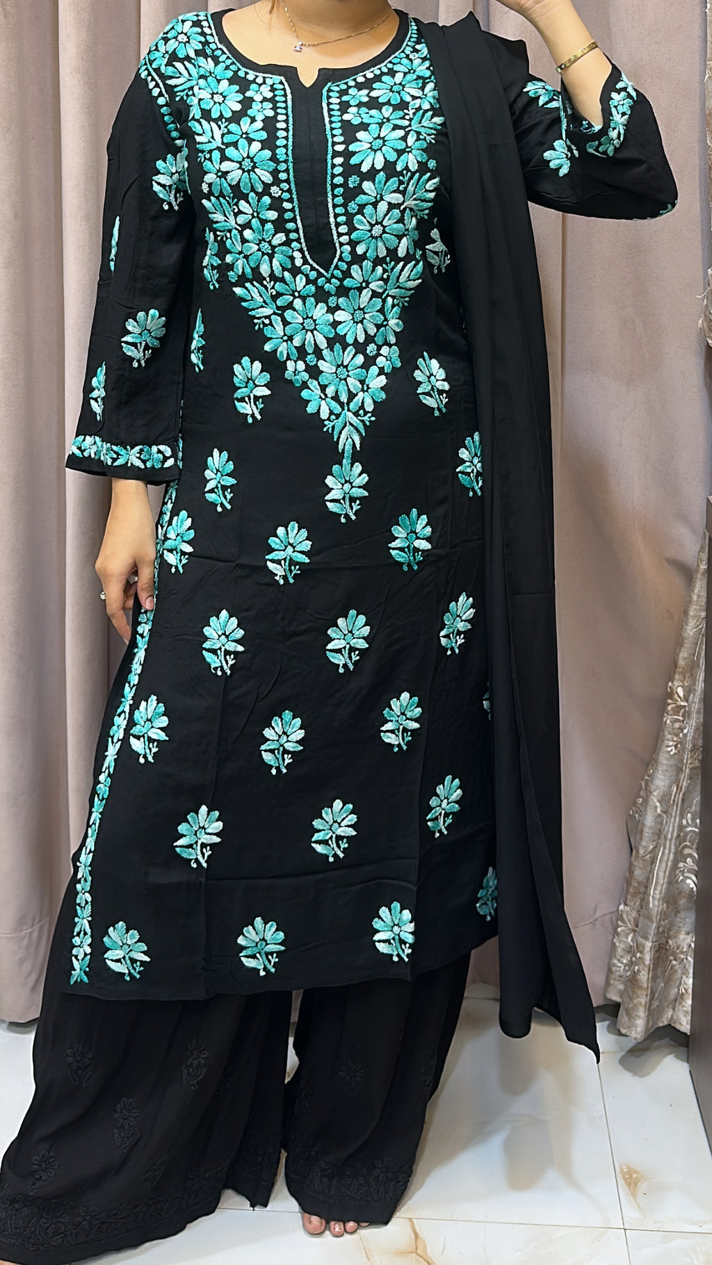 Turquoise blue Semi modal coloured thread kurti