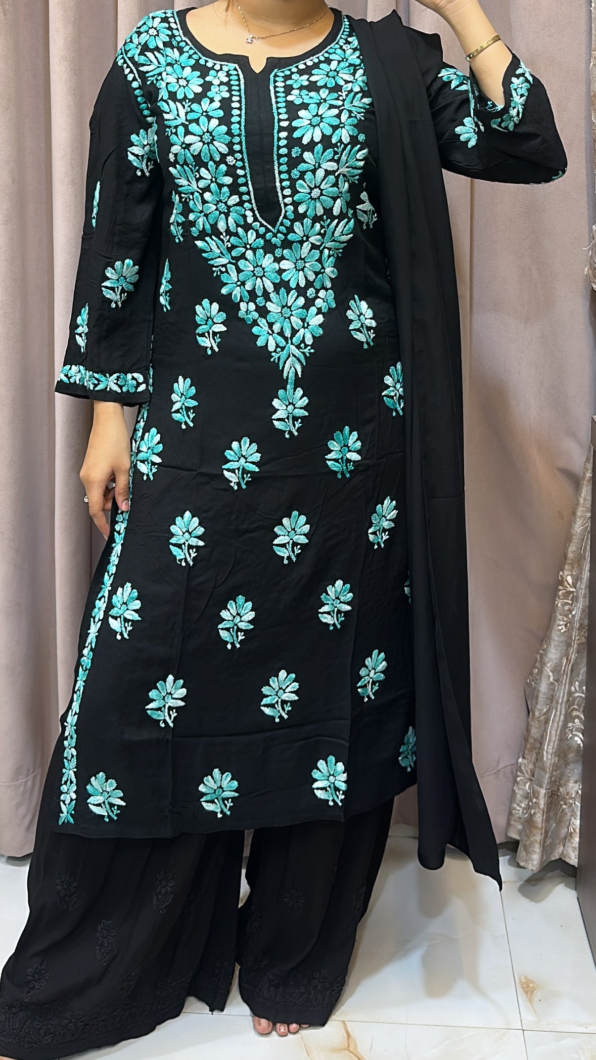 Turquoise blue Semi modal coloured thread kurti