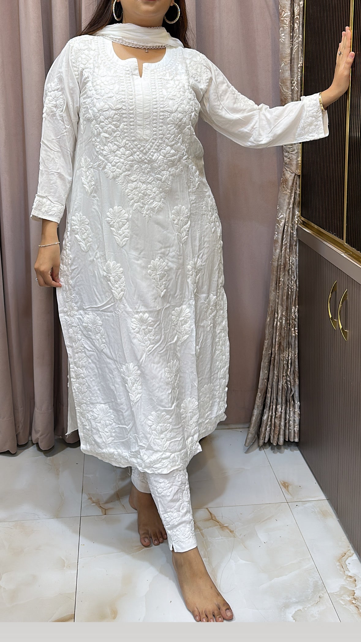 White Pure modal lucknowi kurti