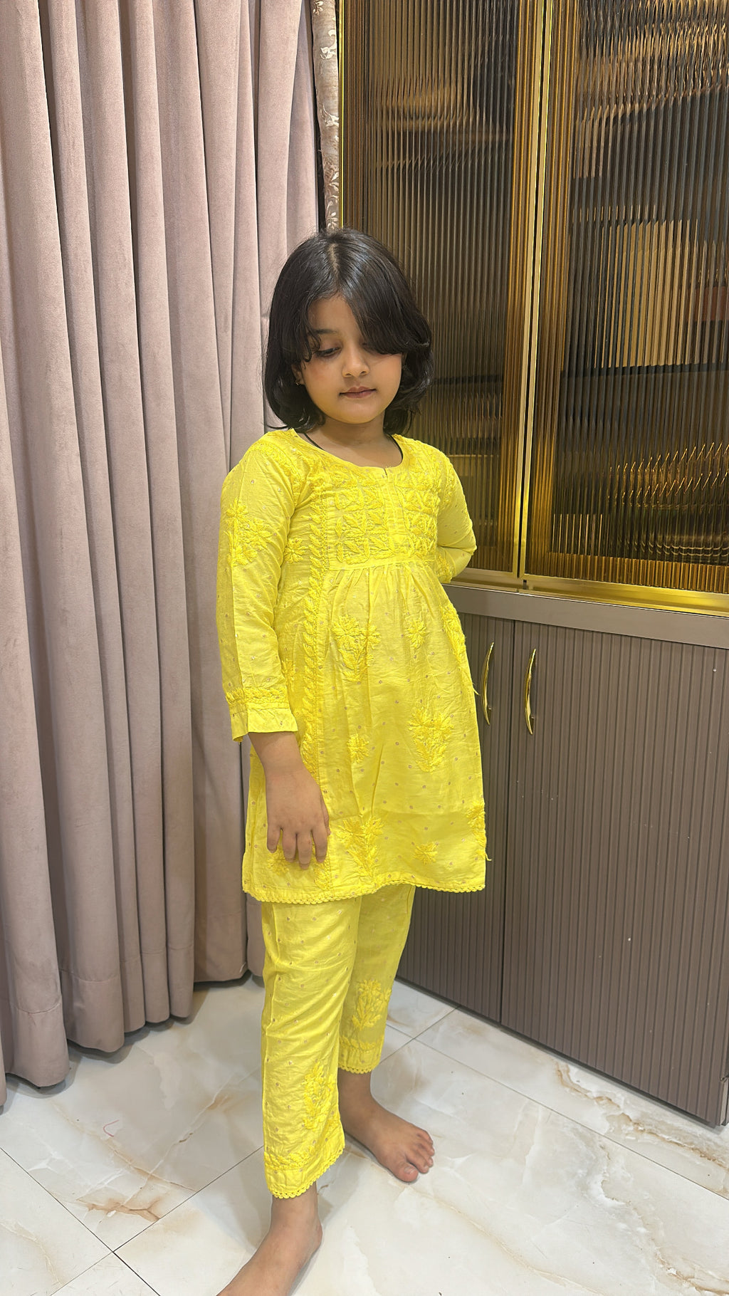 Yellow lucknowi kids chanderi pant set