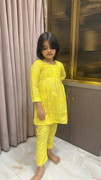 Yellow lucknowi kids chanderi pant set