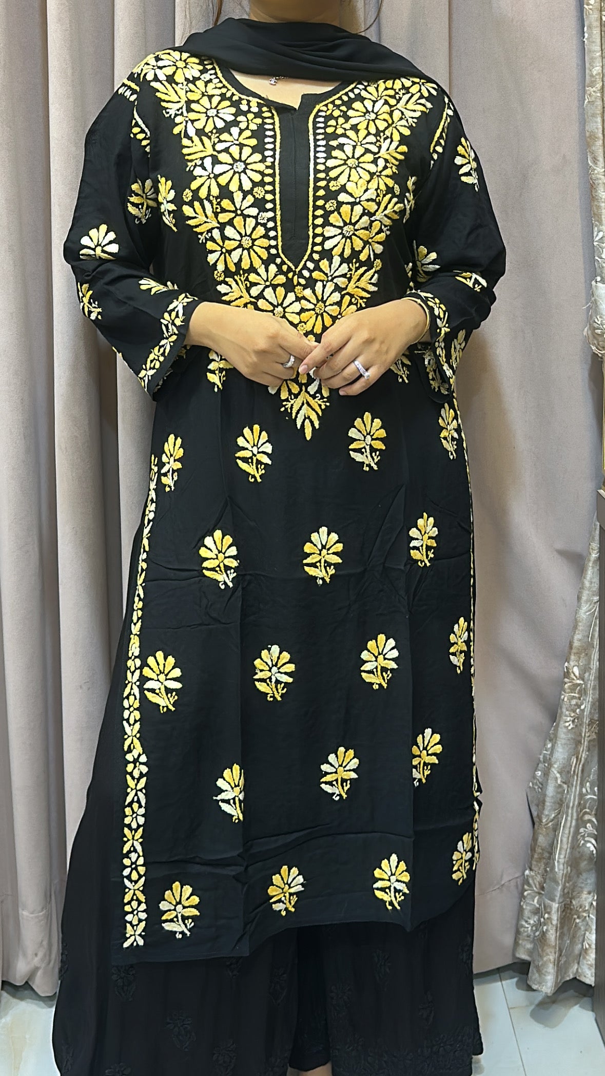 Yellow Semi modal coloured thread kurti