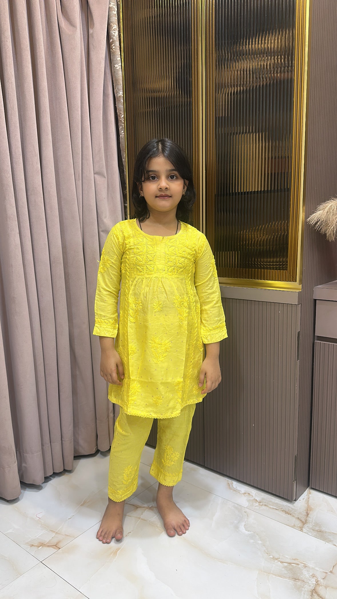 Yellow lucknowi kids chanderi pant set
