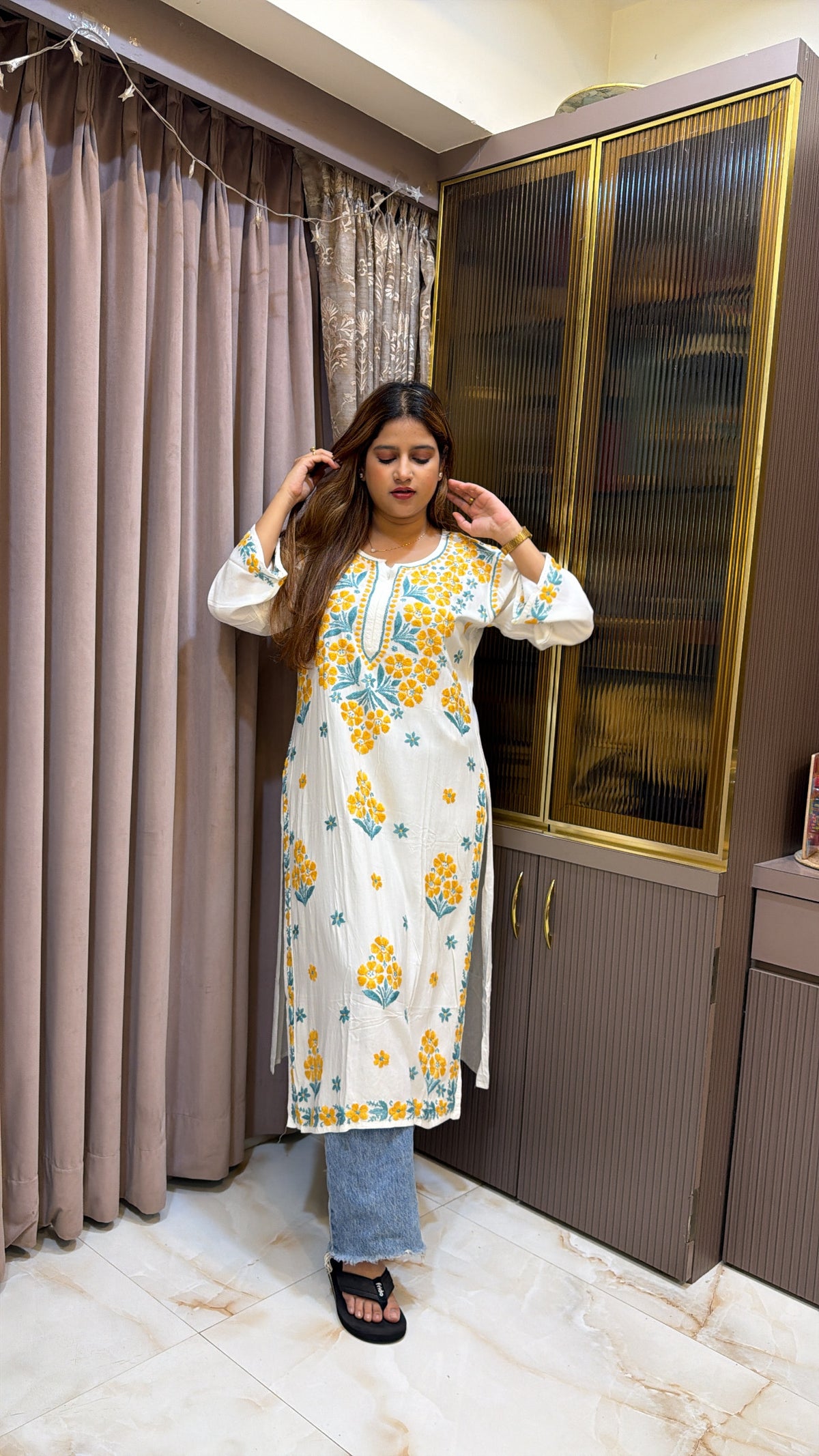 #2013 Yellow & White Pure Rayon Lucknowi Kurti with Handwork