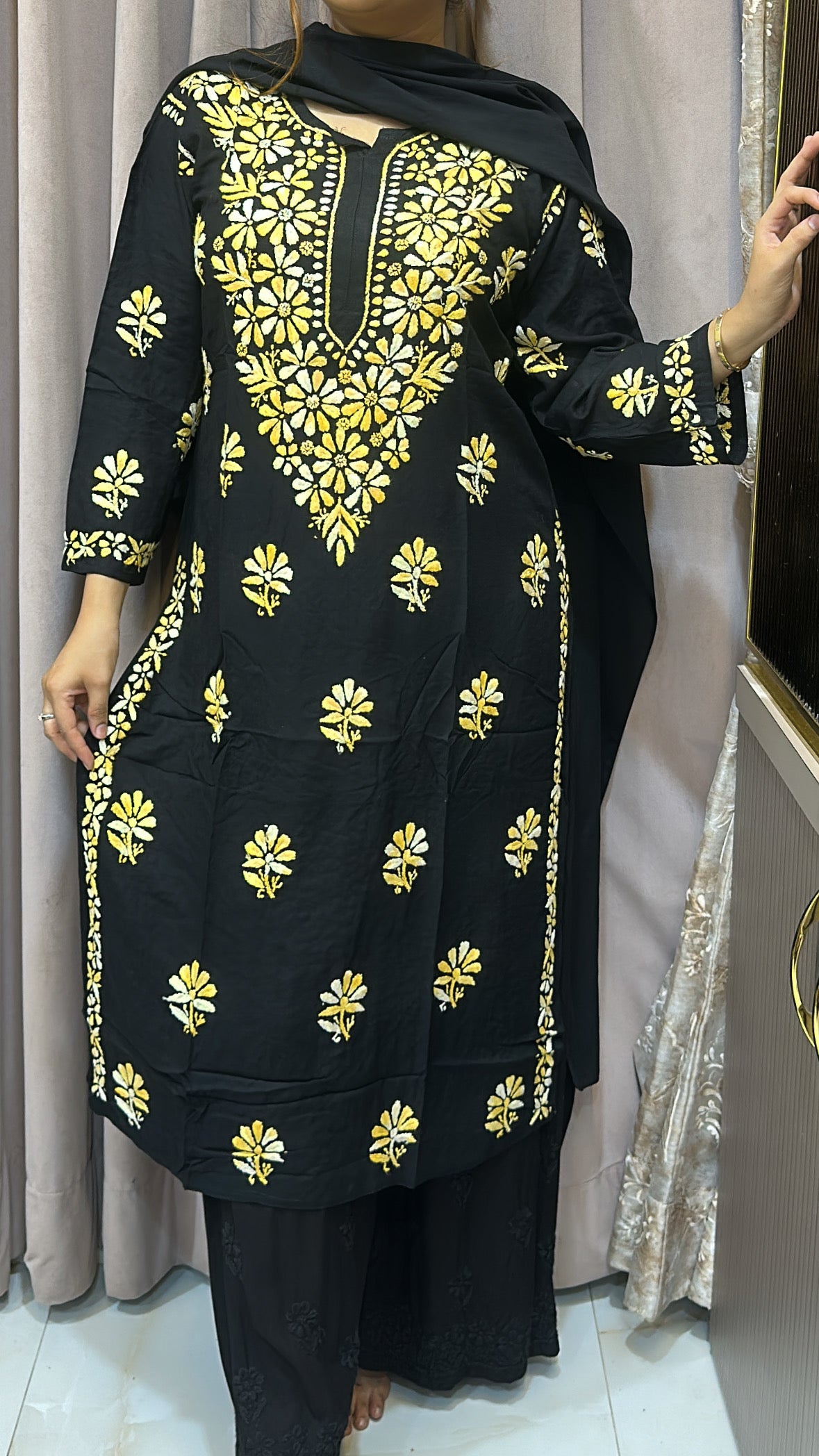 Yellow Semi modal coloured thread kurti