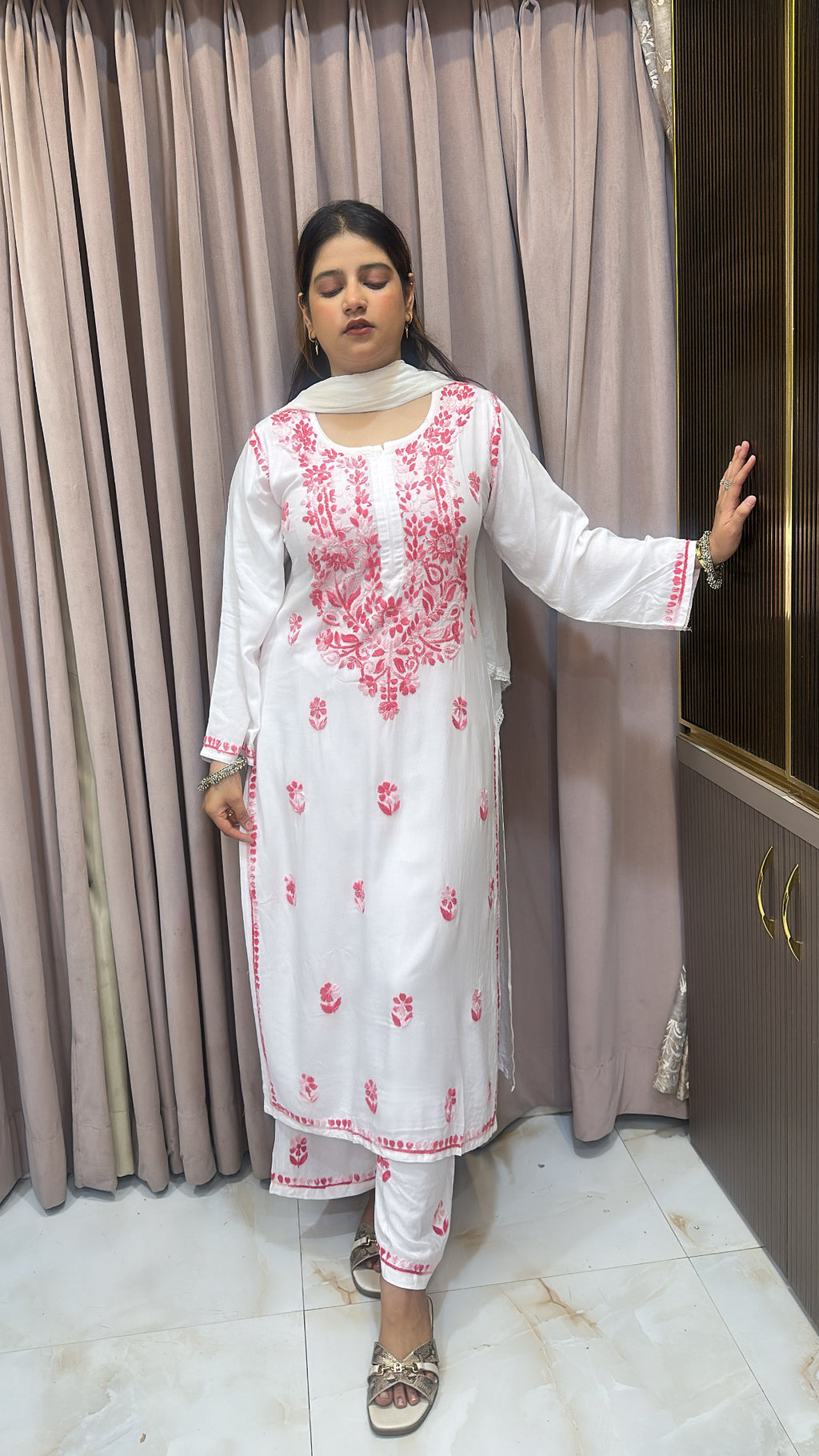 White with Pink colour plazo set