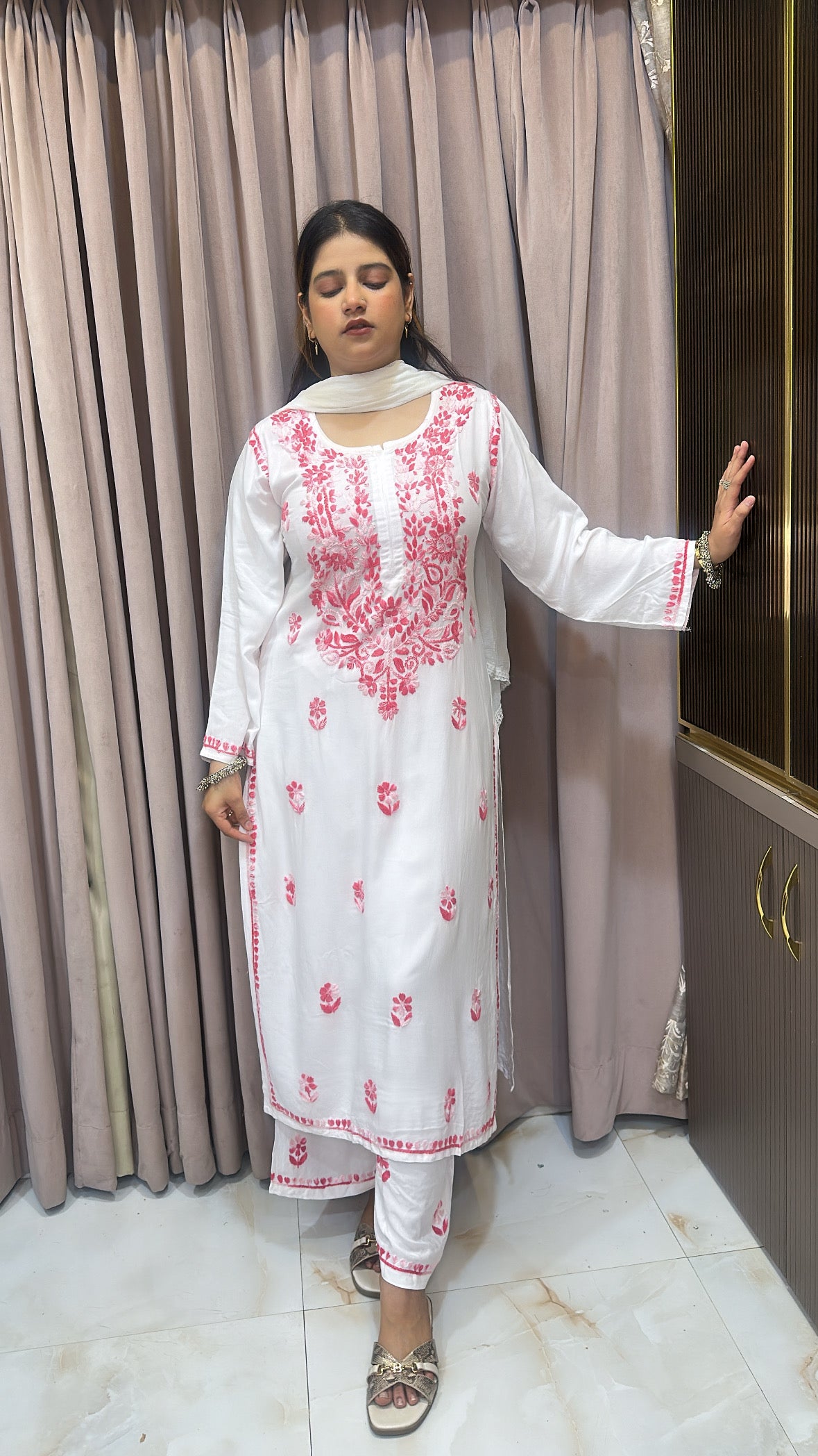 White with Pink colour plazo set